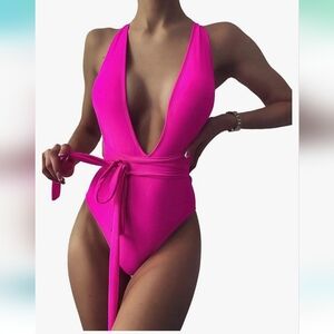 Lilosy Hot Pink One Piece Crisscross Plunge Swimsuit Size M
